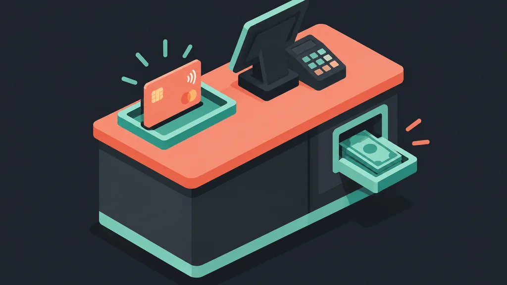 Isometric cashier desk showing deposit and withdrawal payment paths