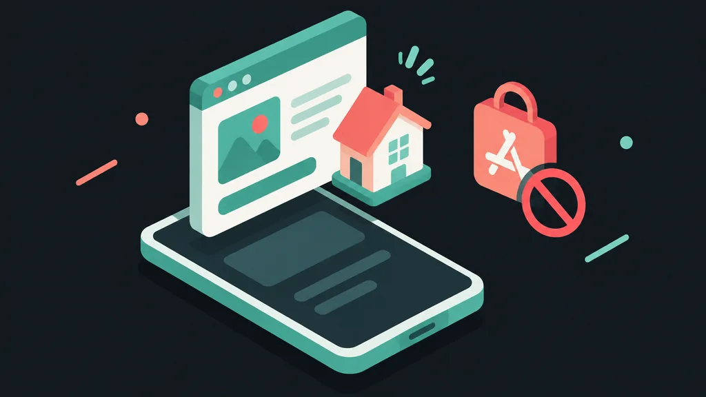 Browser window, house icon, phone, and crossed out store bag