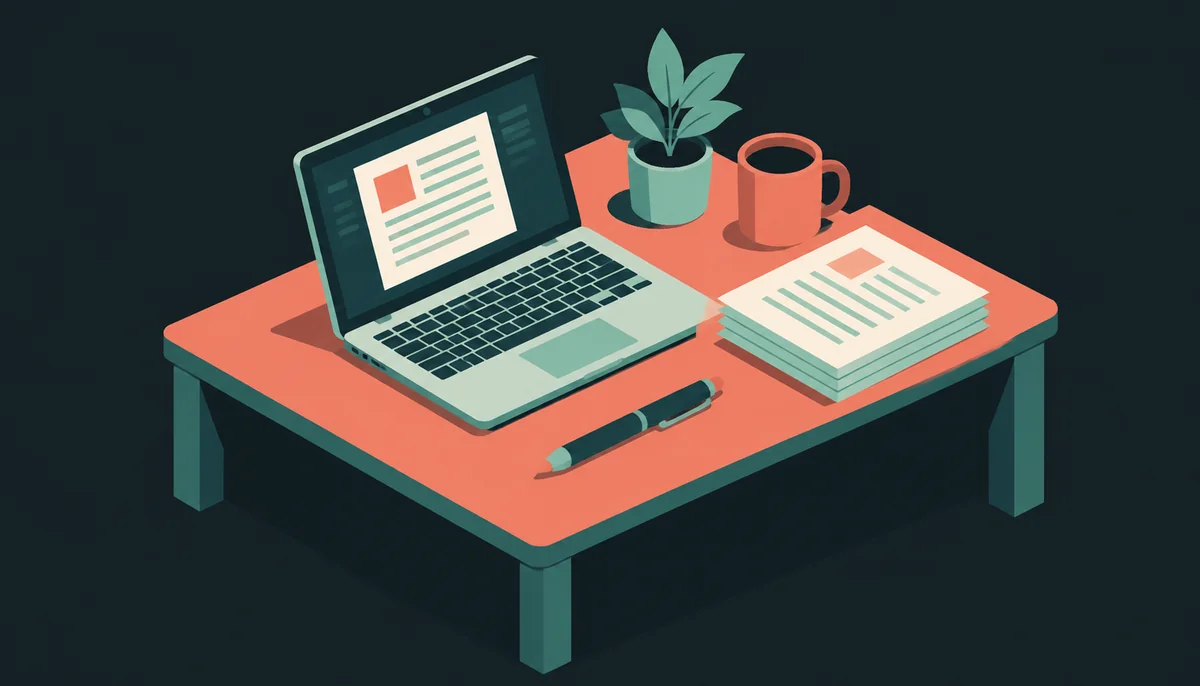 Isometric desk with laptop and papers