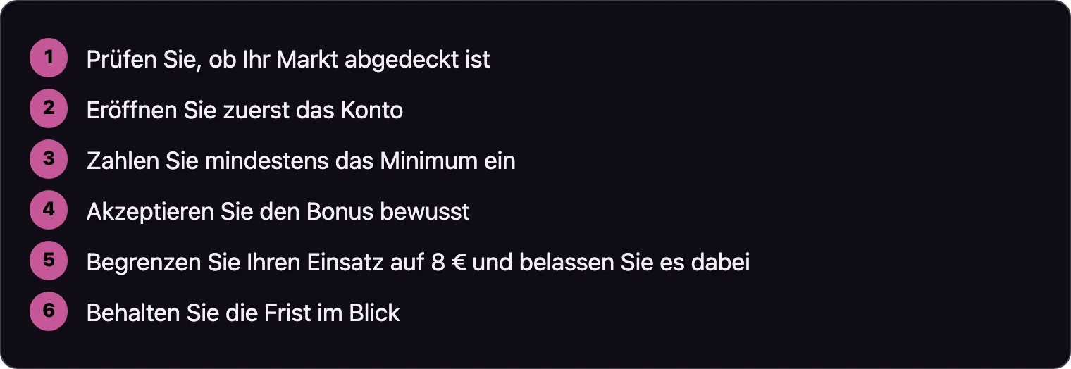 Sechs Schritte zur Nutzung des Bonus