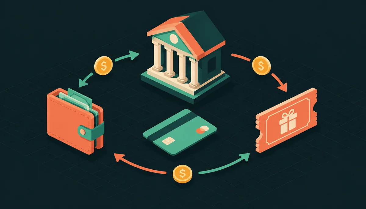Isometric banking objects with money flow arrows