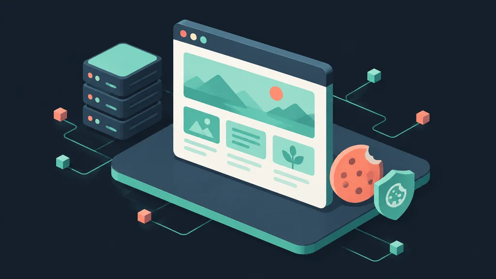 Flat isometric static site with server and cookie icons