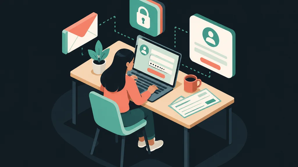 Flat isometric scene of person registering online at a desk