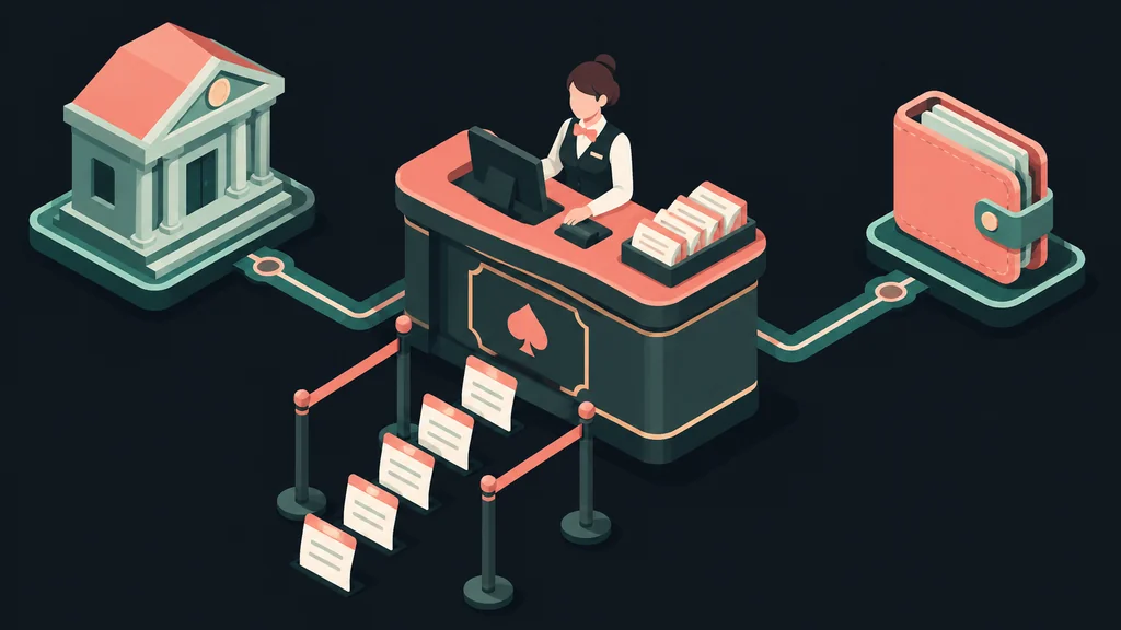 Isometric casino cashier and payment rail scene